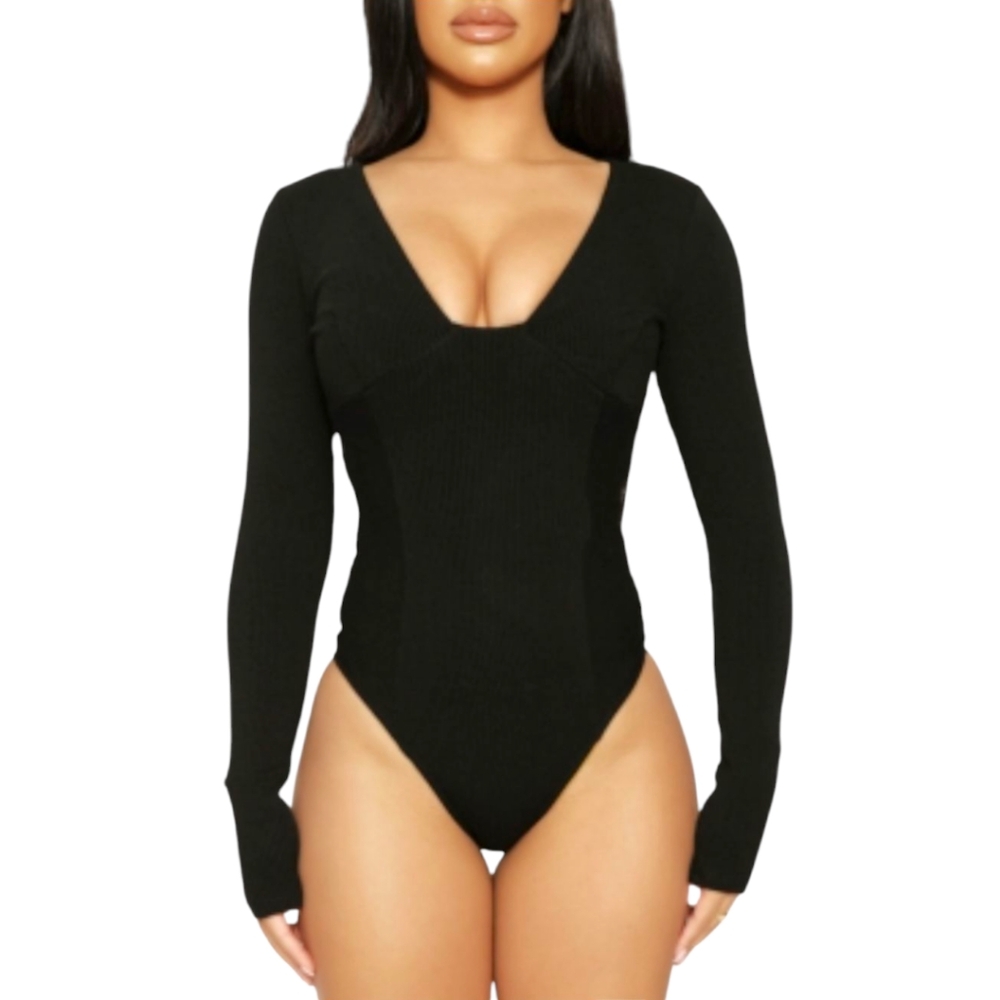 Naked Wardrobe Black Snatched Ribbed V-neck Bustier Bodysuit Women's Sz S NWT
